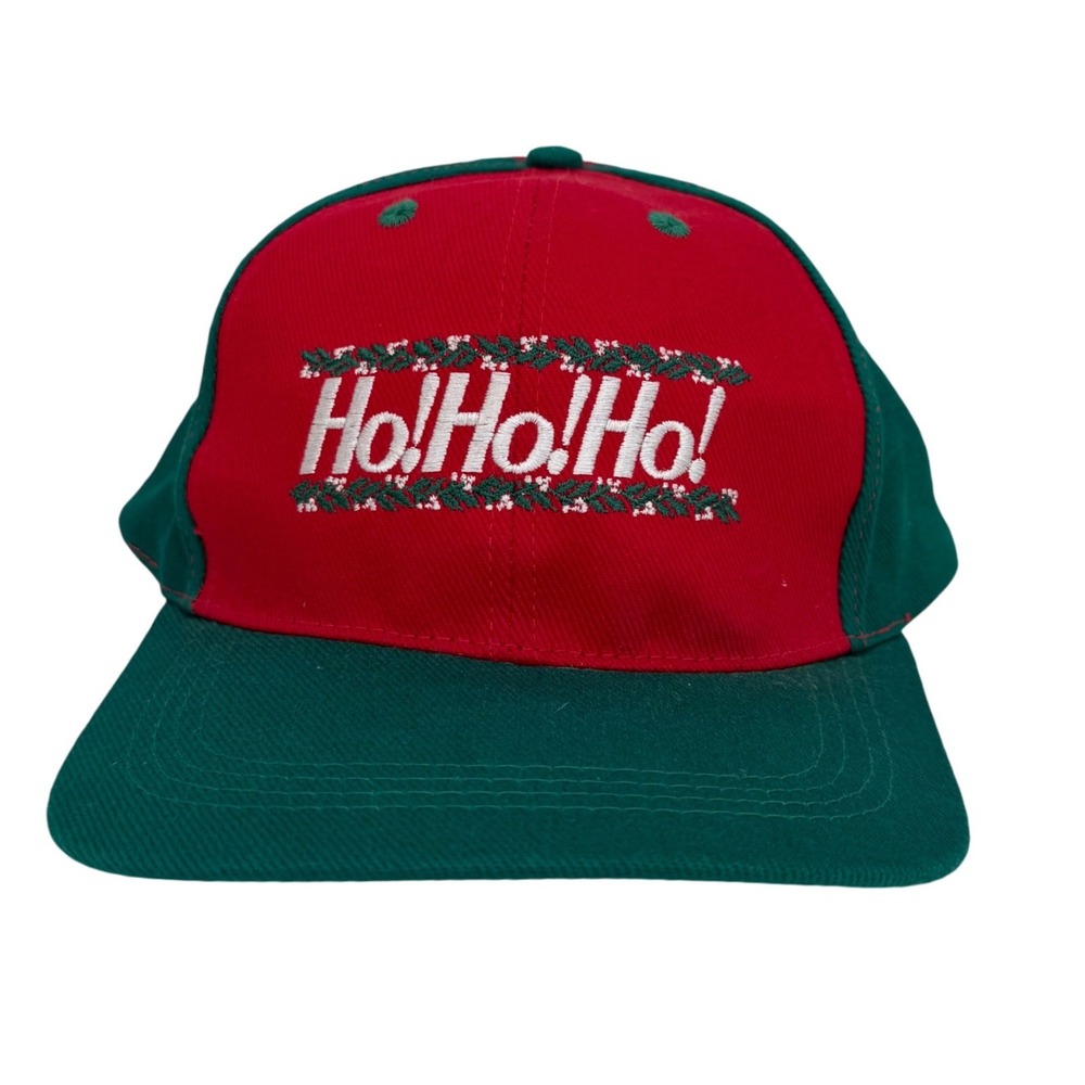 Vintage Christmas Hat Ho Ho Ho Holiday Embroidered Cap Red Green Adult